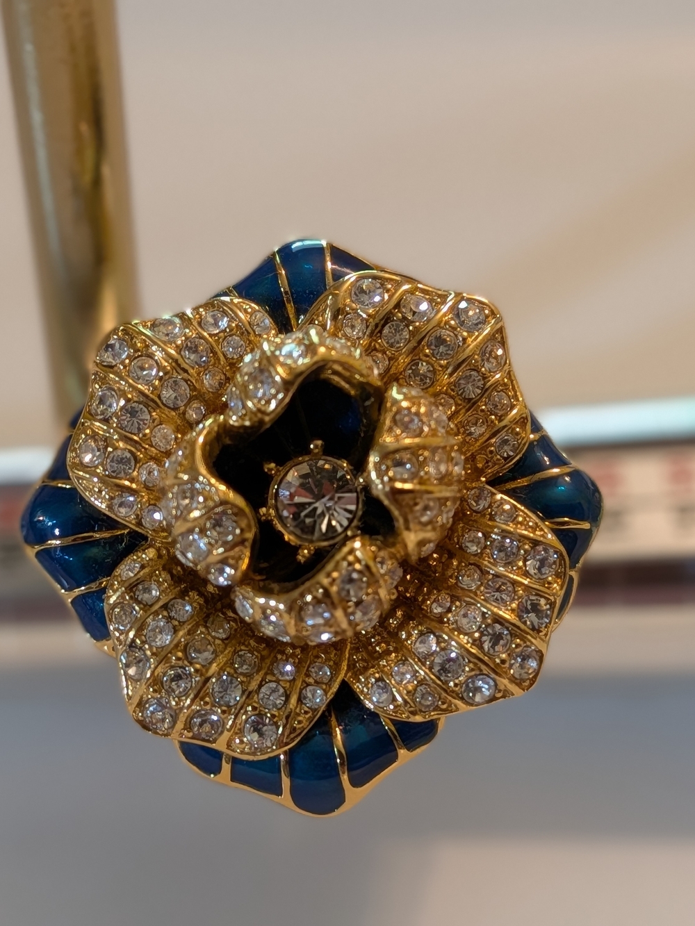 Joan Rivers Gold-Tone Blue Enamel and Crystal Flower Ring - Size 7